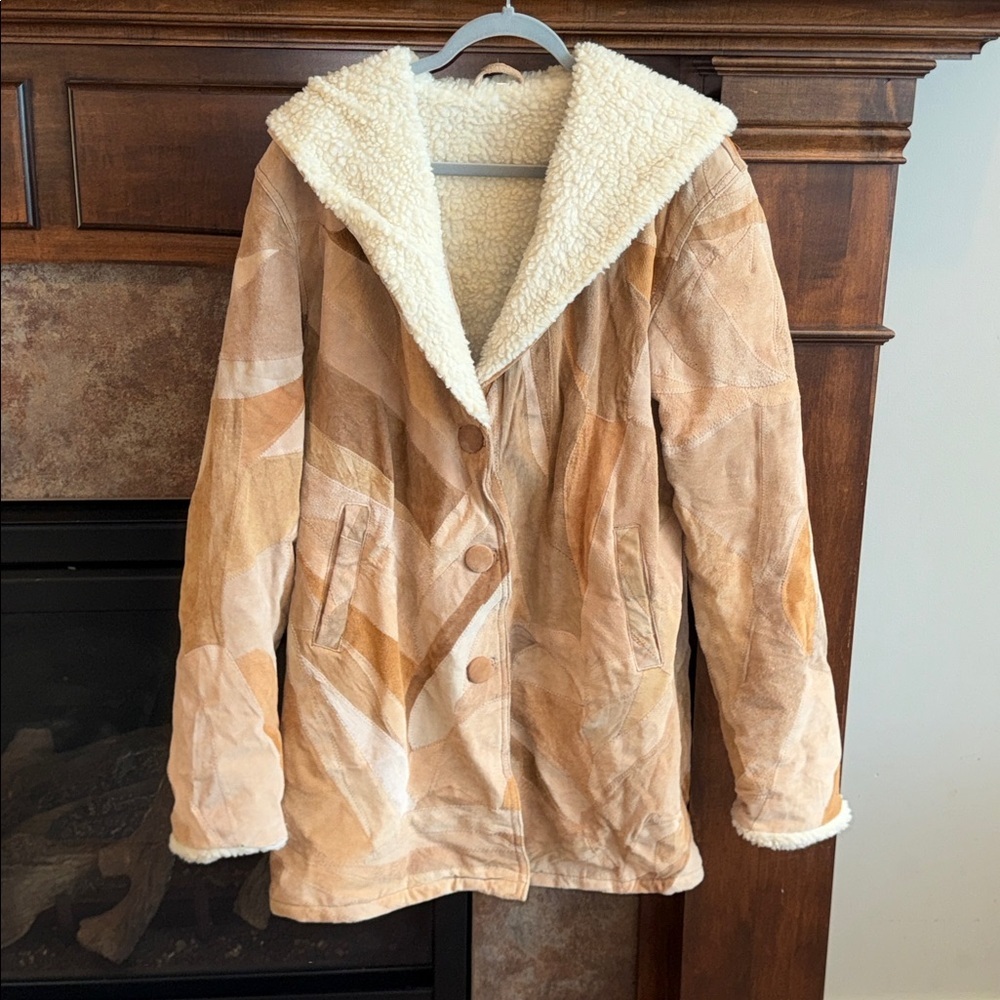 Tan suede leather coat patchwork hooded fleece lined y2K boho hippie western XL